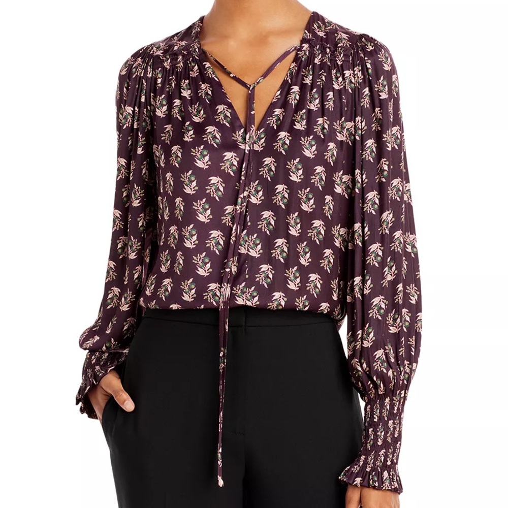 Rebecca Taylor Zia Fleur Printed Tie Top Size Large Maroon Floral V Neck Long Sl